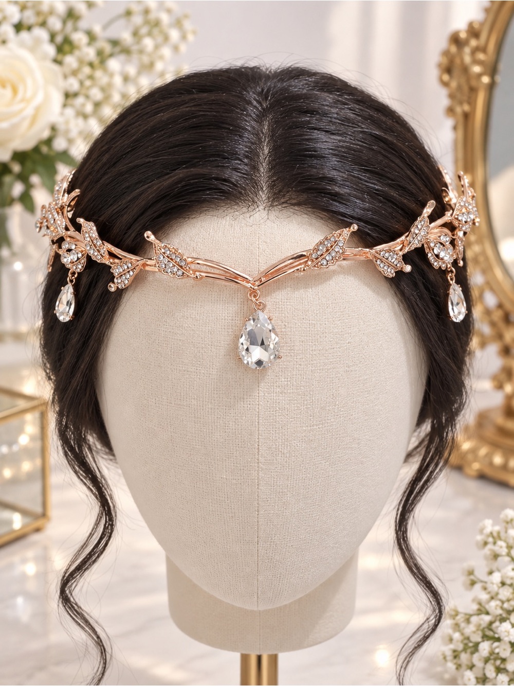 Rose Gold Crystal Leaf Tiara Headband